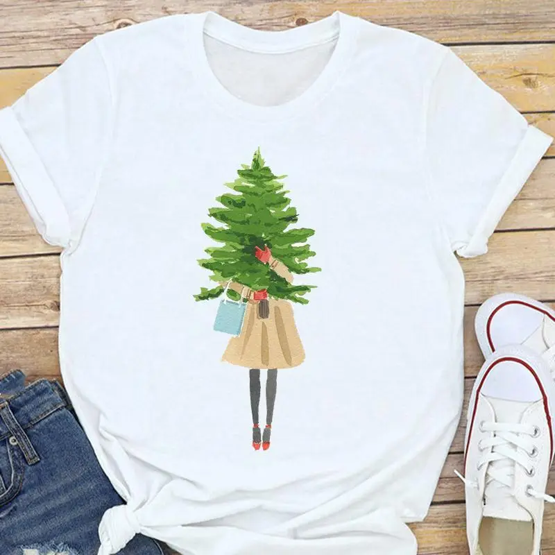 Women's White Christmas Tree Santa T-Shirt Half Sleeve Short Sleeve - Image 16
