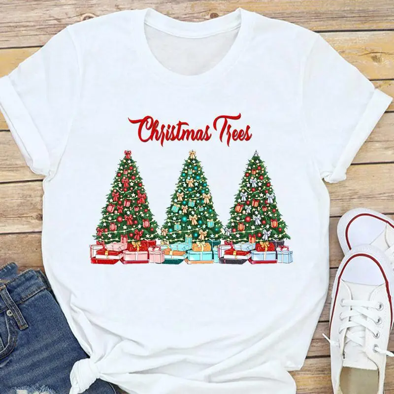 Women's White Christmas Tree Santa T-Shirt Half Sleeve Short Sleeve - Image 17