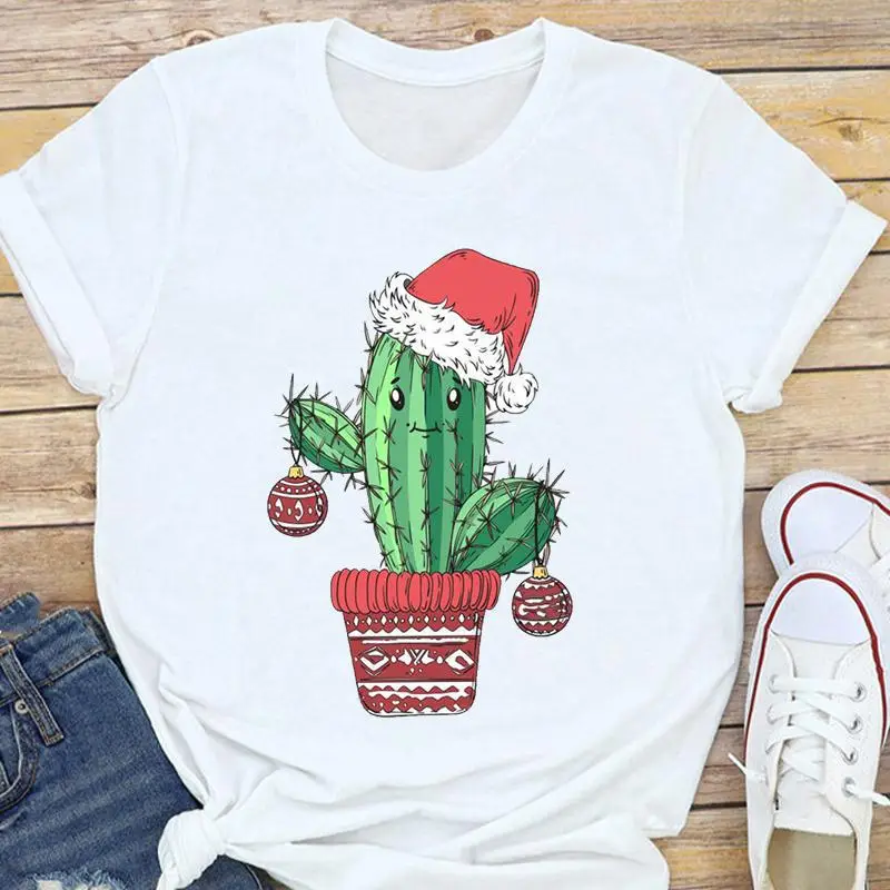 Women's White Christmas Tree Santa T-Shirt Half Sleeve Short Sleeve - Image 19