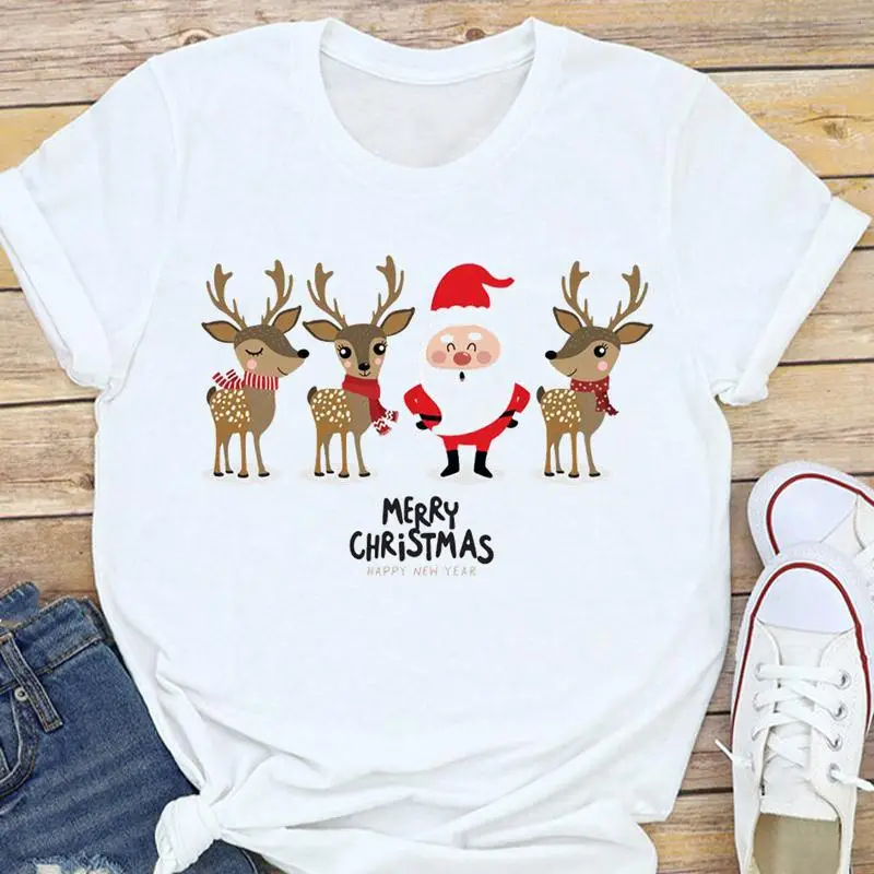Women's White Christmas Tree Santa T-Shirt Half Sleeve Short Sleeve - Image 5