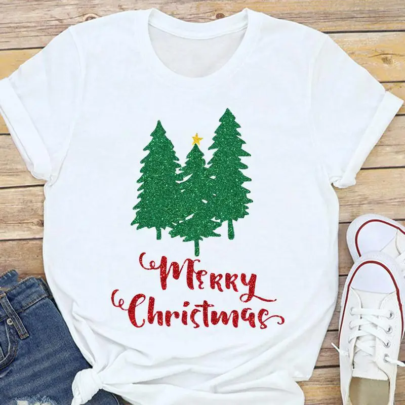 Women's White Christmas Tree Santa T-Shirt Half Sleeve Short Sleeve - Image 6