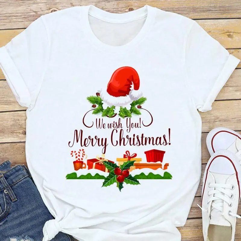 Women's White Christmas Tree Santa T-Shirt Half Sleeve Short Sleeve - Image 8