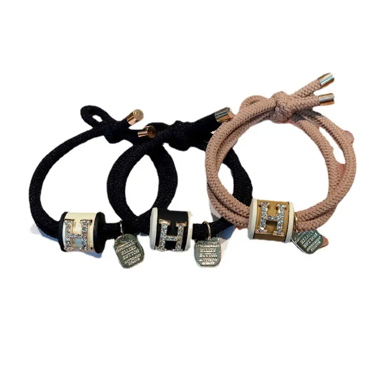 Women Retro Cylindrical Letter H Hair Ropes Black Gold Pearl