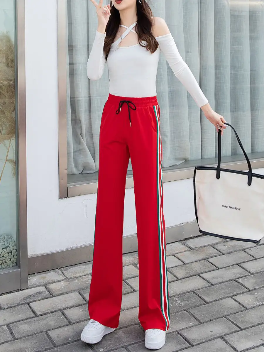 Women Red Striped High Waist Pants Square Dance Casual - Image 6