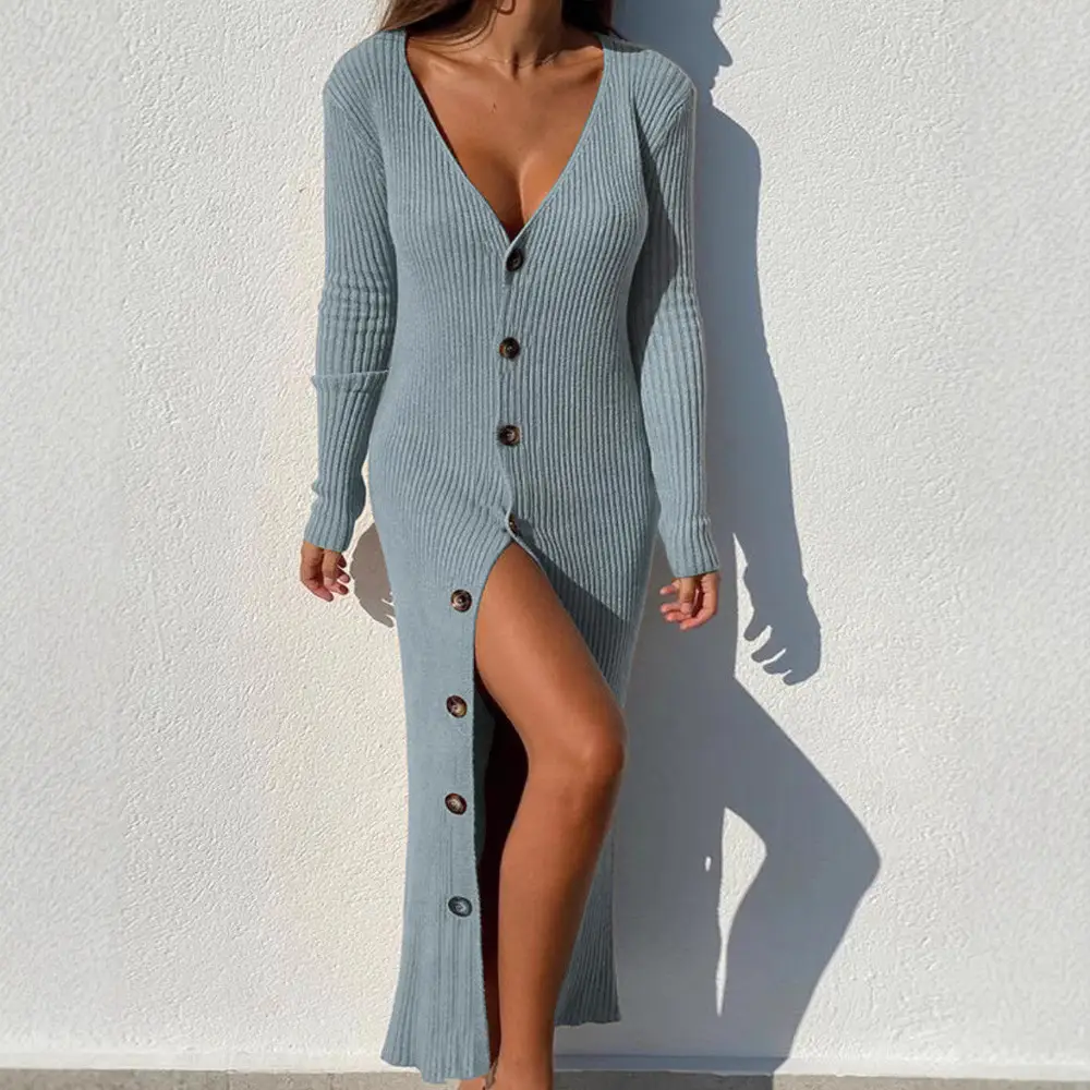 2025 Women's Knitted Button Cardigan Dress Long Sleeve
