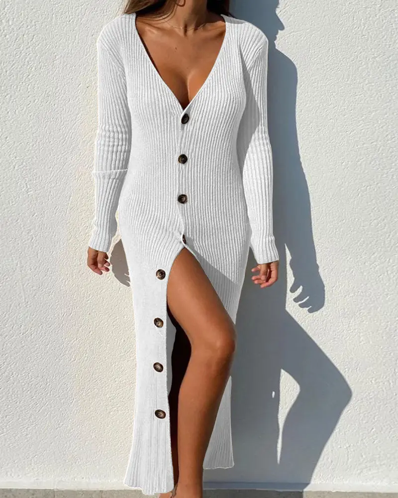 2025 Women's Knitted Button Cardigan Dress Long Sleeve