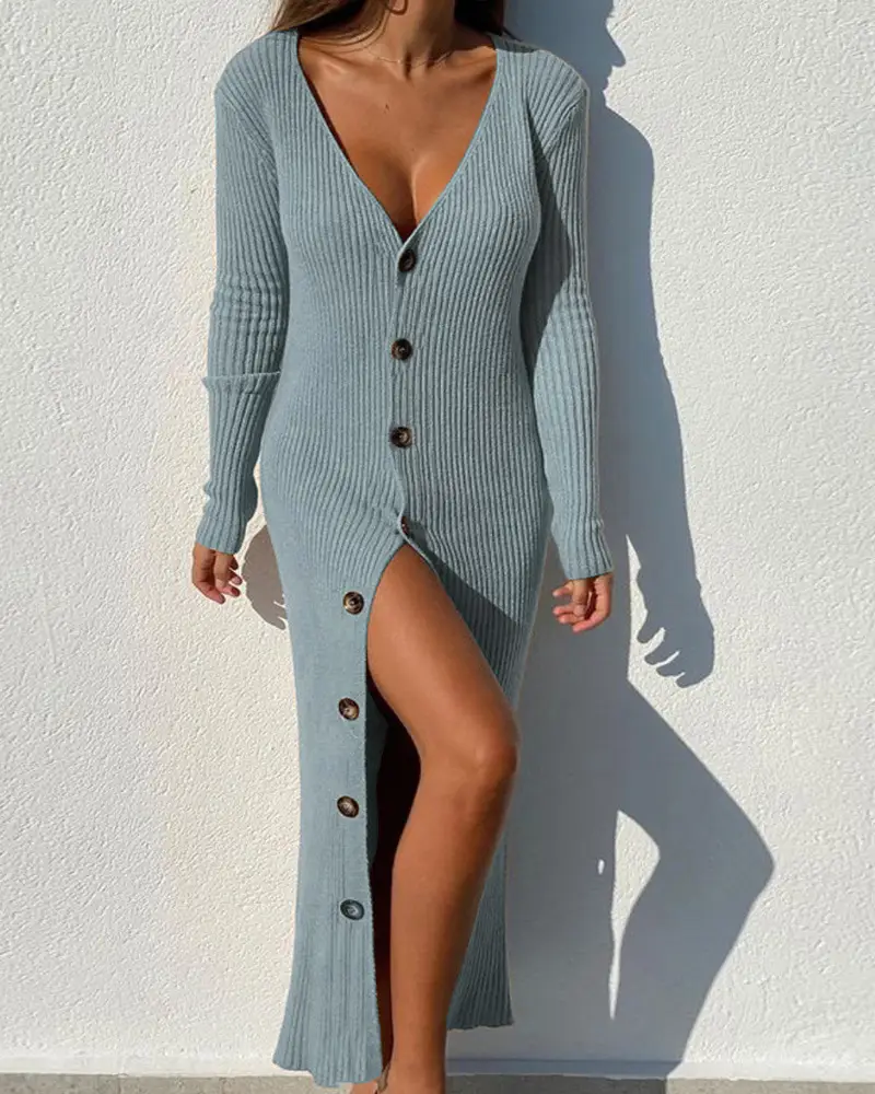 2025 Women's Knitted Button Cardigan Dress Long Sleeve