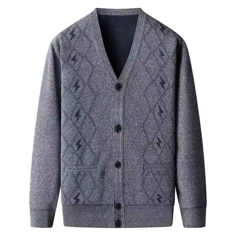 Men's Grey Quilted V-Neck Cardigan Coat - Image 38