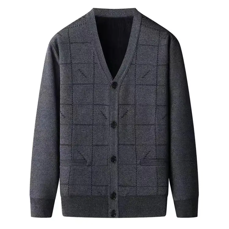 Men's Grey Quilted V-Neck Cardigan Coat - Image 4