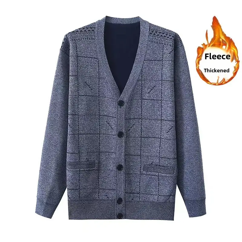 Men's Grey Quilted V-Neck Cardigan Coat - Image 9