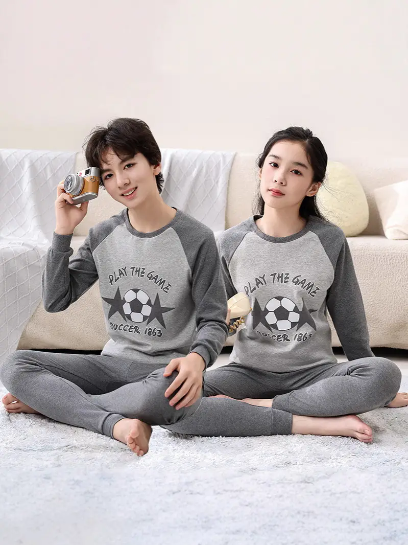 Children's Pure Cotton Soccer Print Pajama Set Grey - Image 25