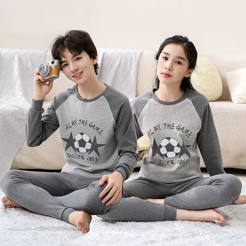 Children's Pure Cotton Soccer Print Pajama Set Grey - Image 5