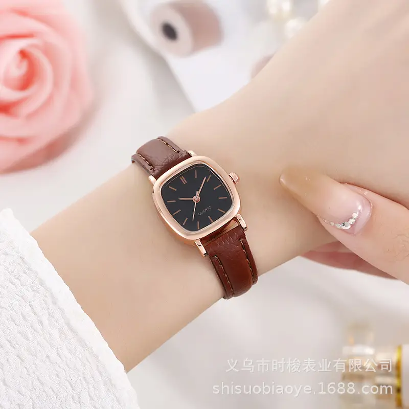 Women's Square Watch with Leather Band & Quartz Movement