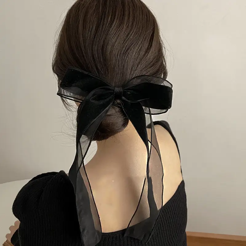 Black Velvet Bow Hairpin for Women - Image 4