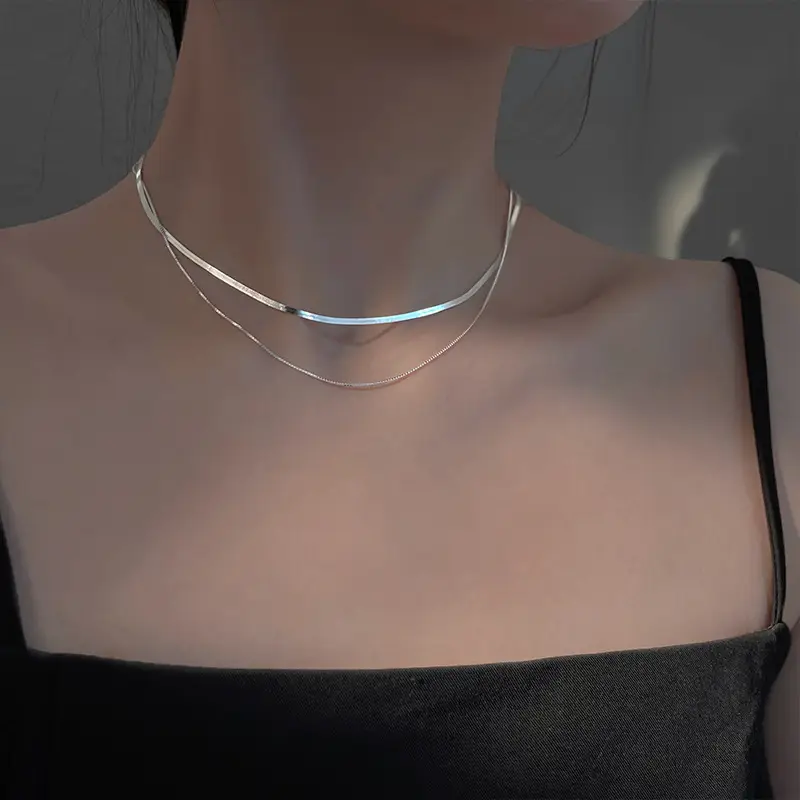 925 Sterling Silver Snake Bone Double Layer Necklace - Image 5