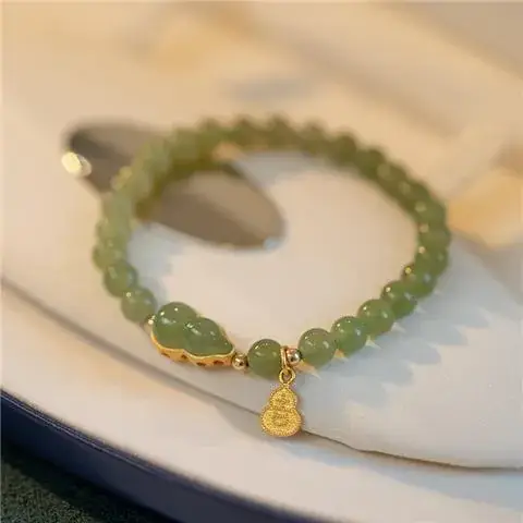 Green Jade Bracelet with Gold Plated Heart & Pearl Drop