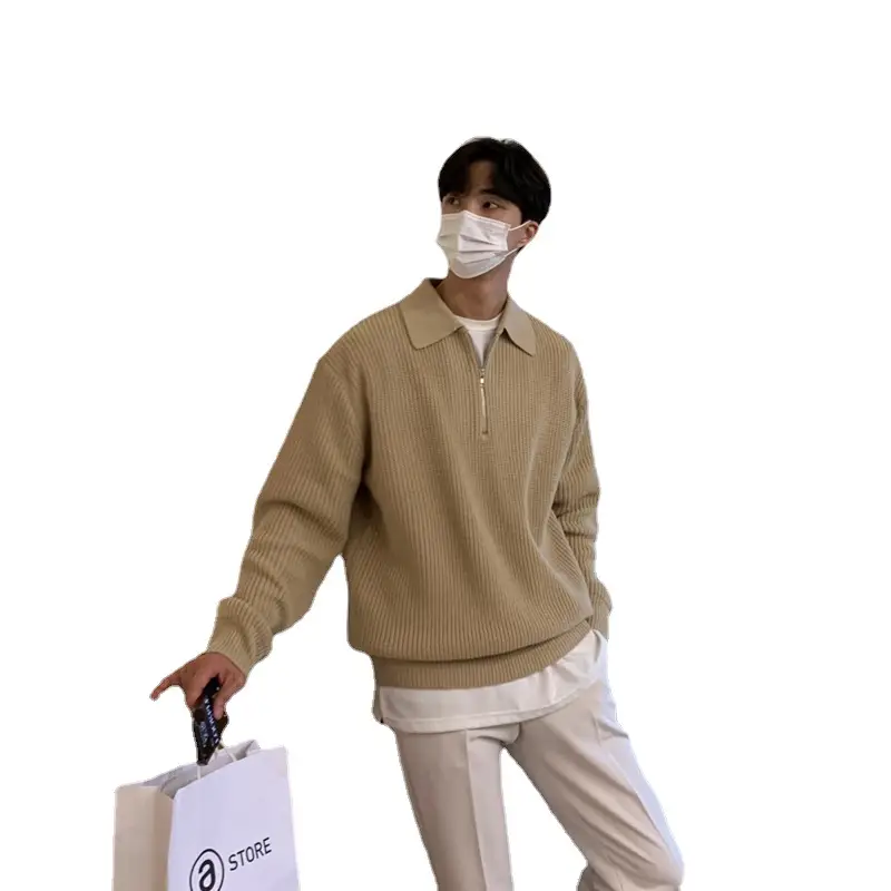Men Winter Polo Collar Sweater Loose Zipper Gray - Image 8