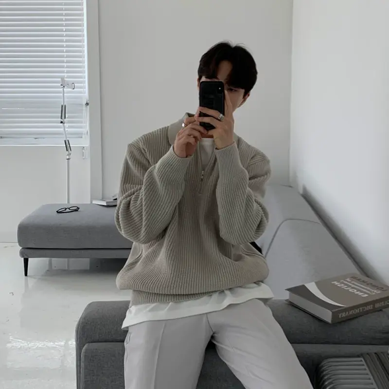 Men Winter Polo Collar Sweater Loose Zipper Gray — feature 11