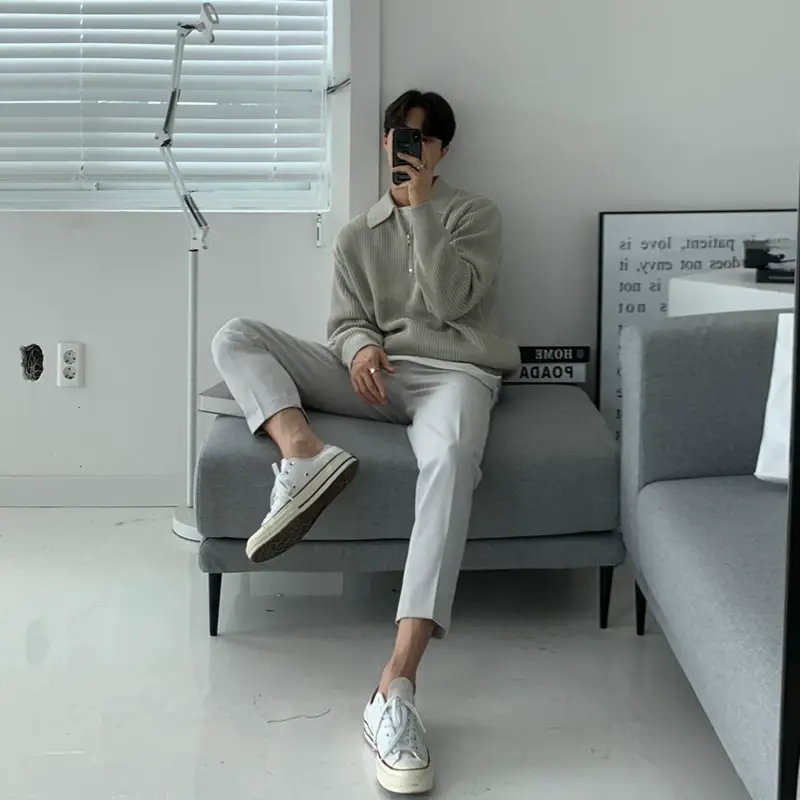 Men Winter Polo Collar Sweater Loose Zipper Gray — feature 13