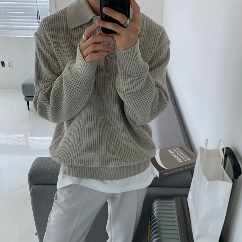 Men Winter Polo Collar Sweater Loose Zipper Gray — feature 15