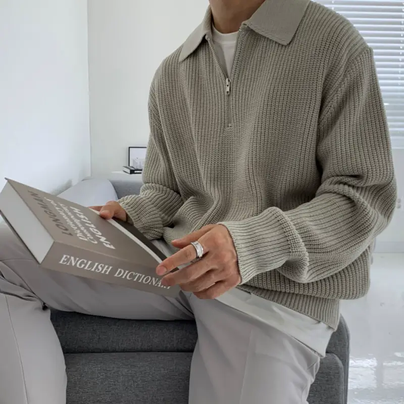 Men Winter Polo Collar Sweater Loose Zipper Gray — feature 16
