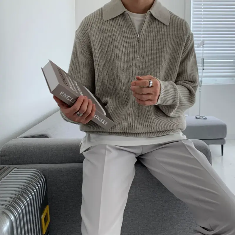 Men Winter Polo Collar Sweater Loose Zipper Gray — feature 17