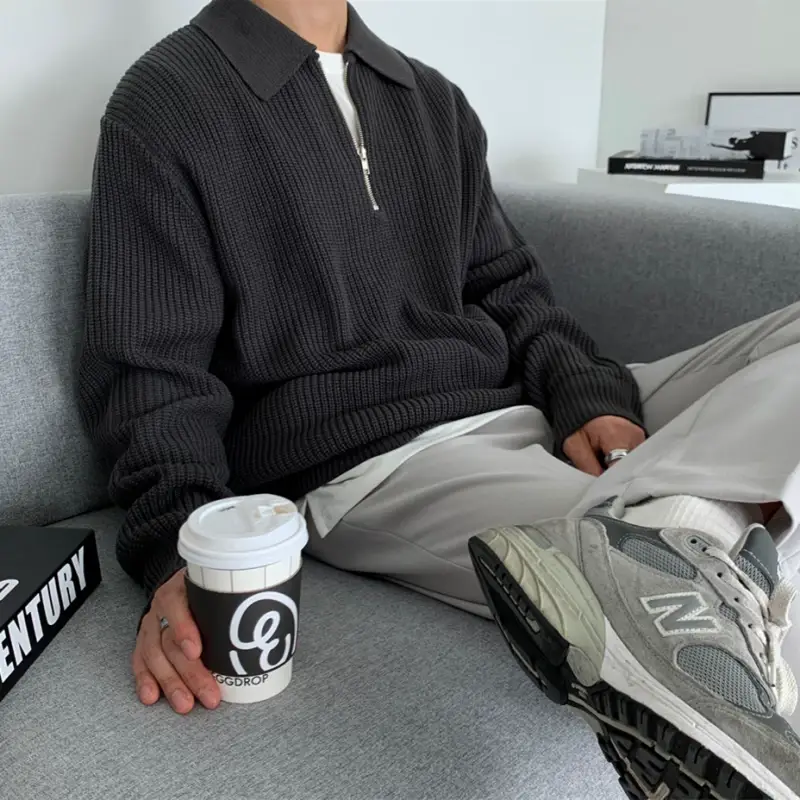Men Winter Polo Collar Sweater Loose Zipper Gray — feature 20