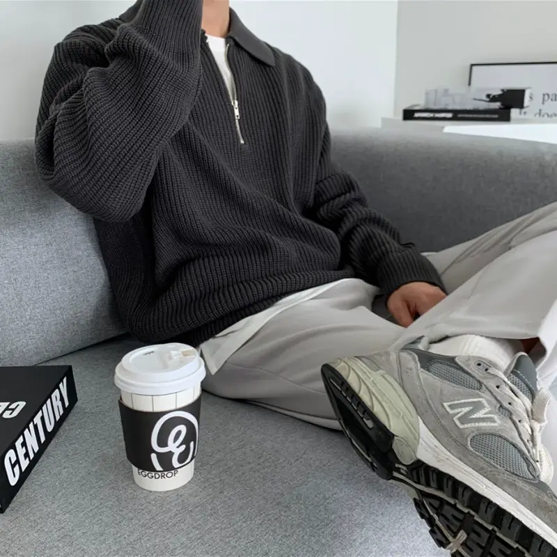 Men Winter Polo Collar Sweater Loose Zipper Gray — feature 21