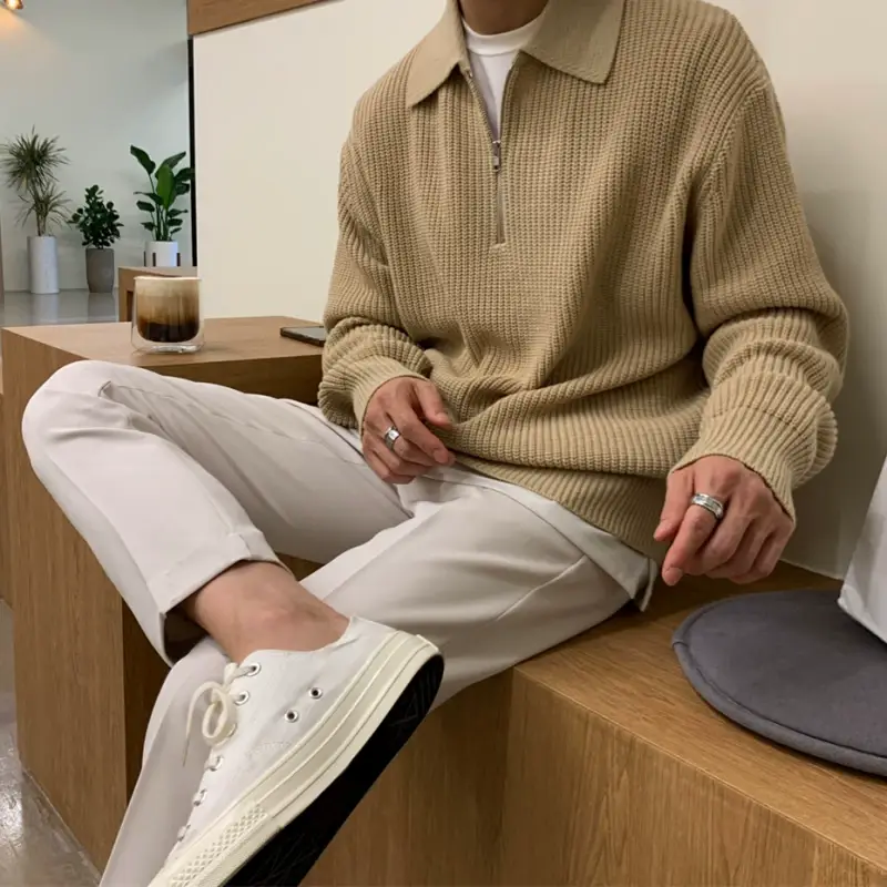 Men Winter Polo Collar Sweater Loose Zipper Gray — feature 8