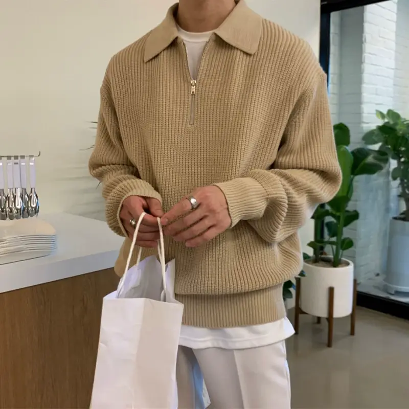 Men Winter Polo Collar Sweater Loose Zipper Gray — feature 9