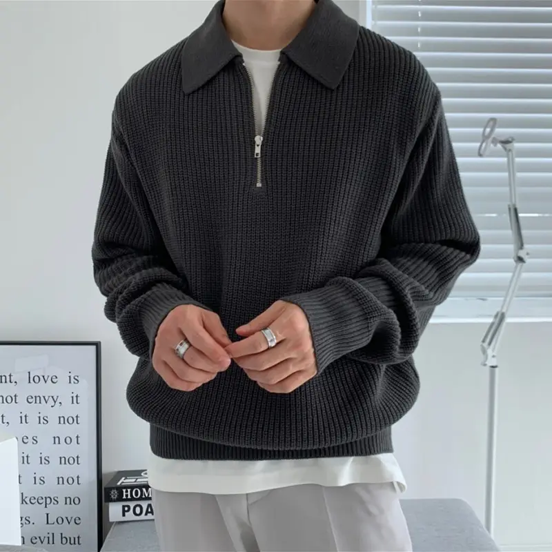 Men Winter Polo Collar Sweater Loose Zipper Gray - Image 2