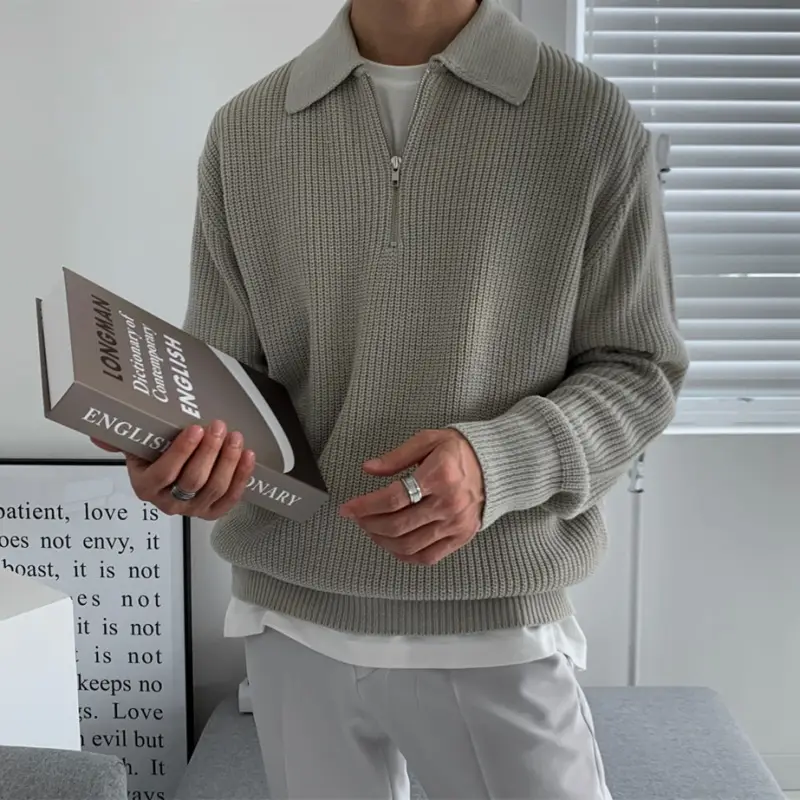 Men Winter Polo Collar Sweater Loose Zipper Gray - Image 3