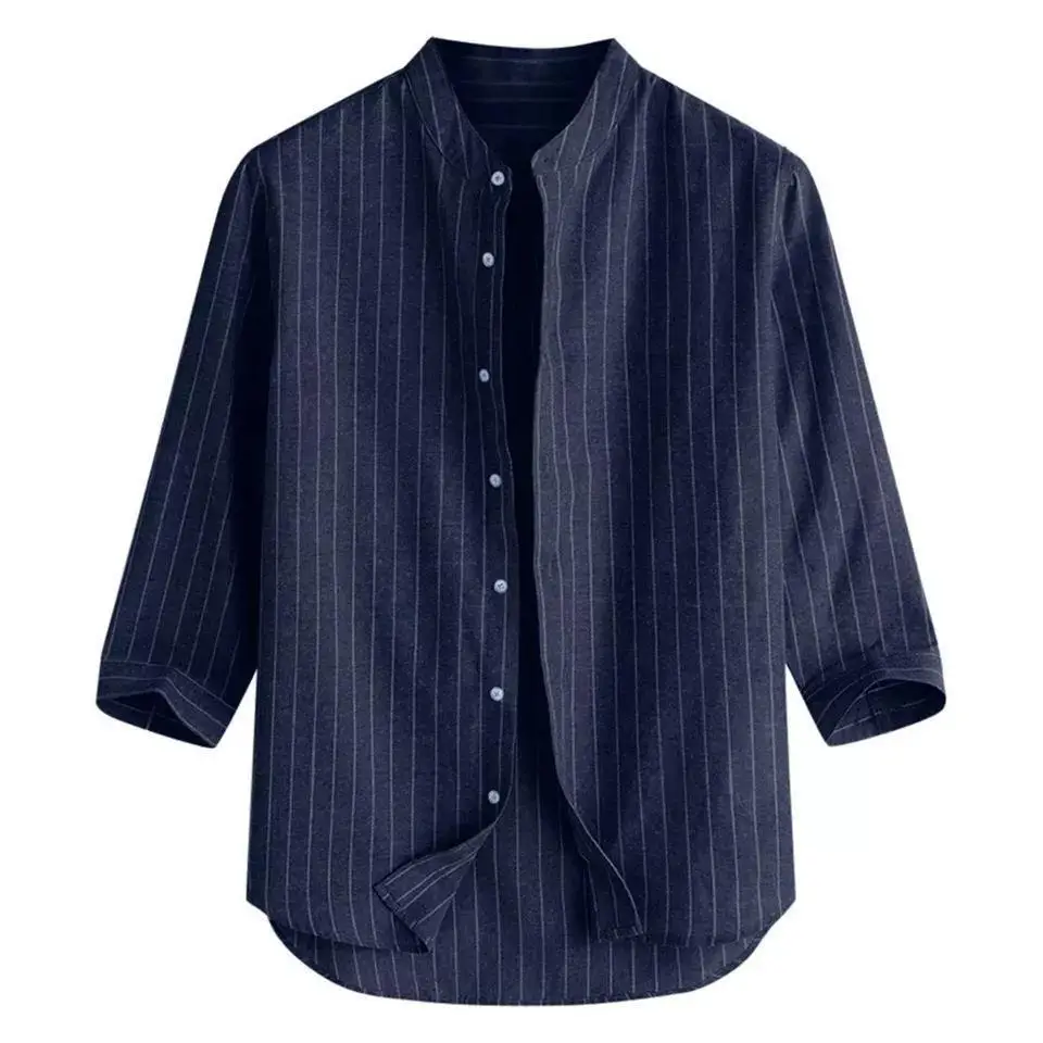 Men Linen Button Collar Shirt Blue Striped Loose Casual - Image 7