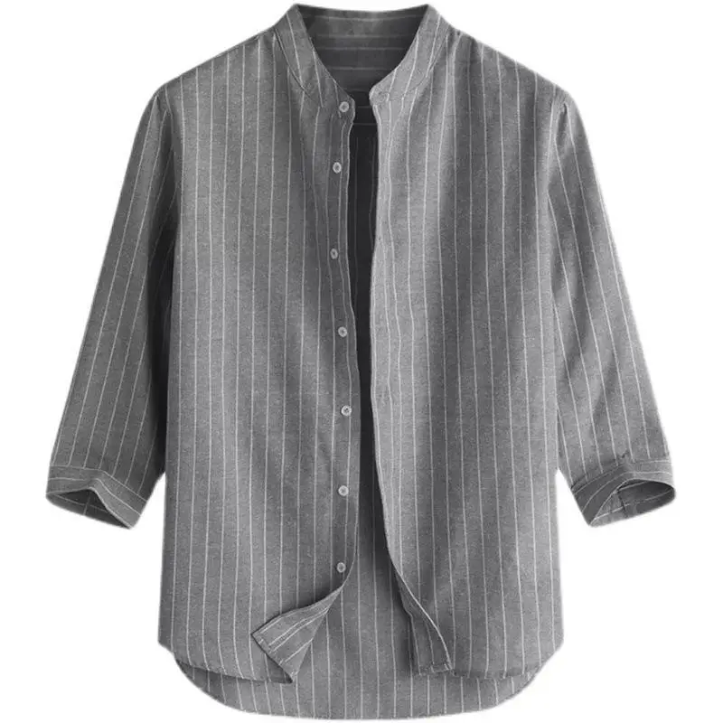 Men Linen Button Collar Shirt Blue Striped Loose Casual - Image 9
