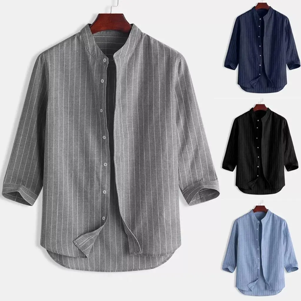 Men Linen Button Collar Shirt Blue Striped Loose Casual — feature 1
