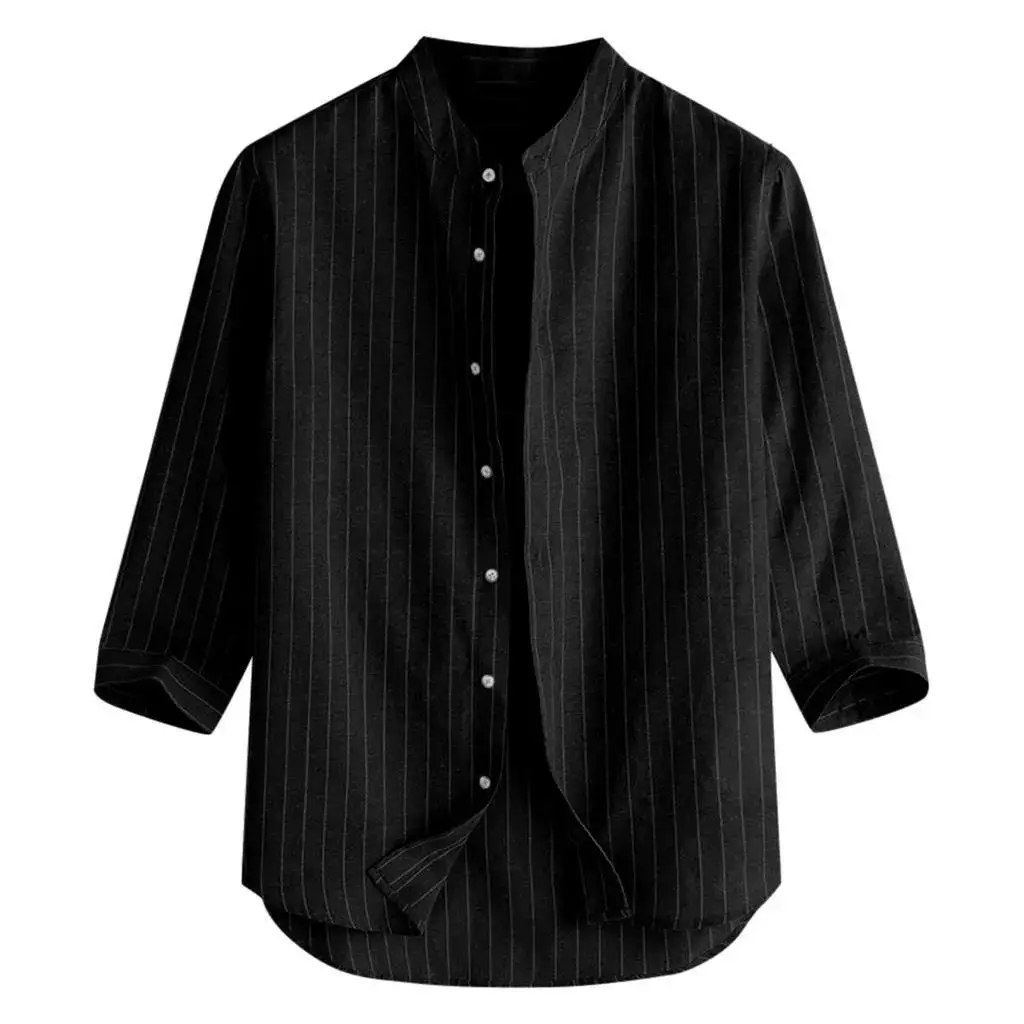 Men Linen Button Collar Shirt Blue Striped Loose Casual — feature 2