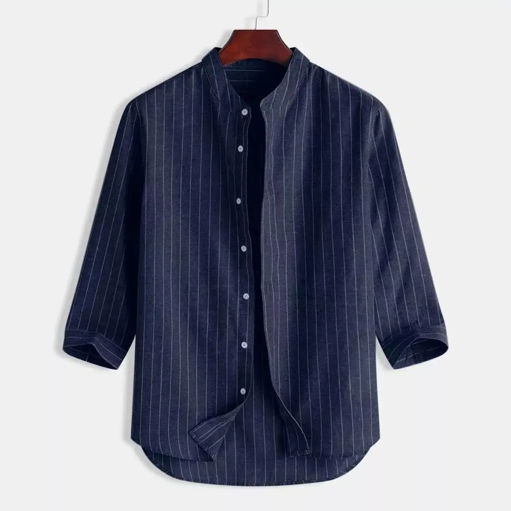 Men Linen Button Collar Shirt Blue Striped Loose Casual — feature 3