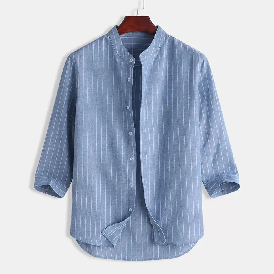 Men Linen Button Collar Shirt Blue Striped Loose Casual — feature 4