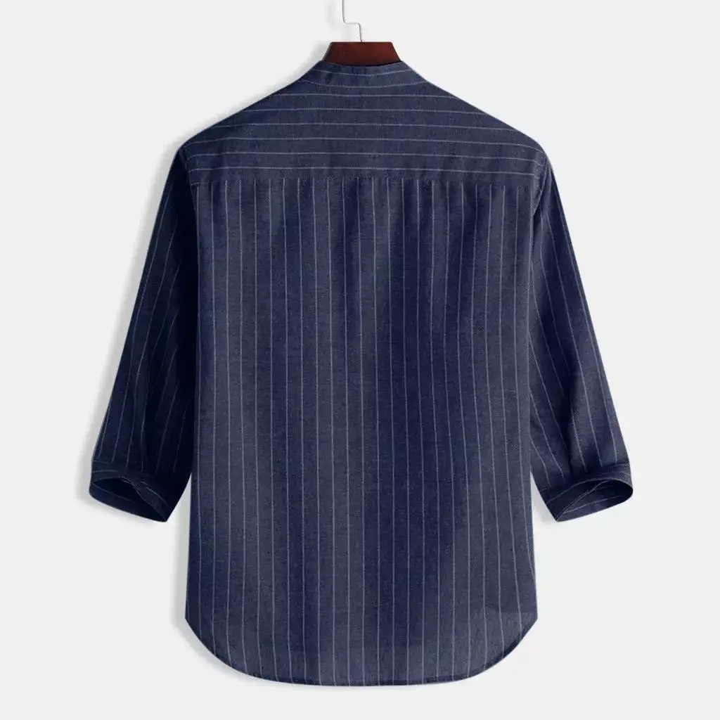 Men Linen Button Collar Shirt Blue Striped Loose Casual — feature 5