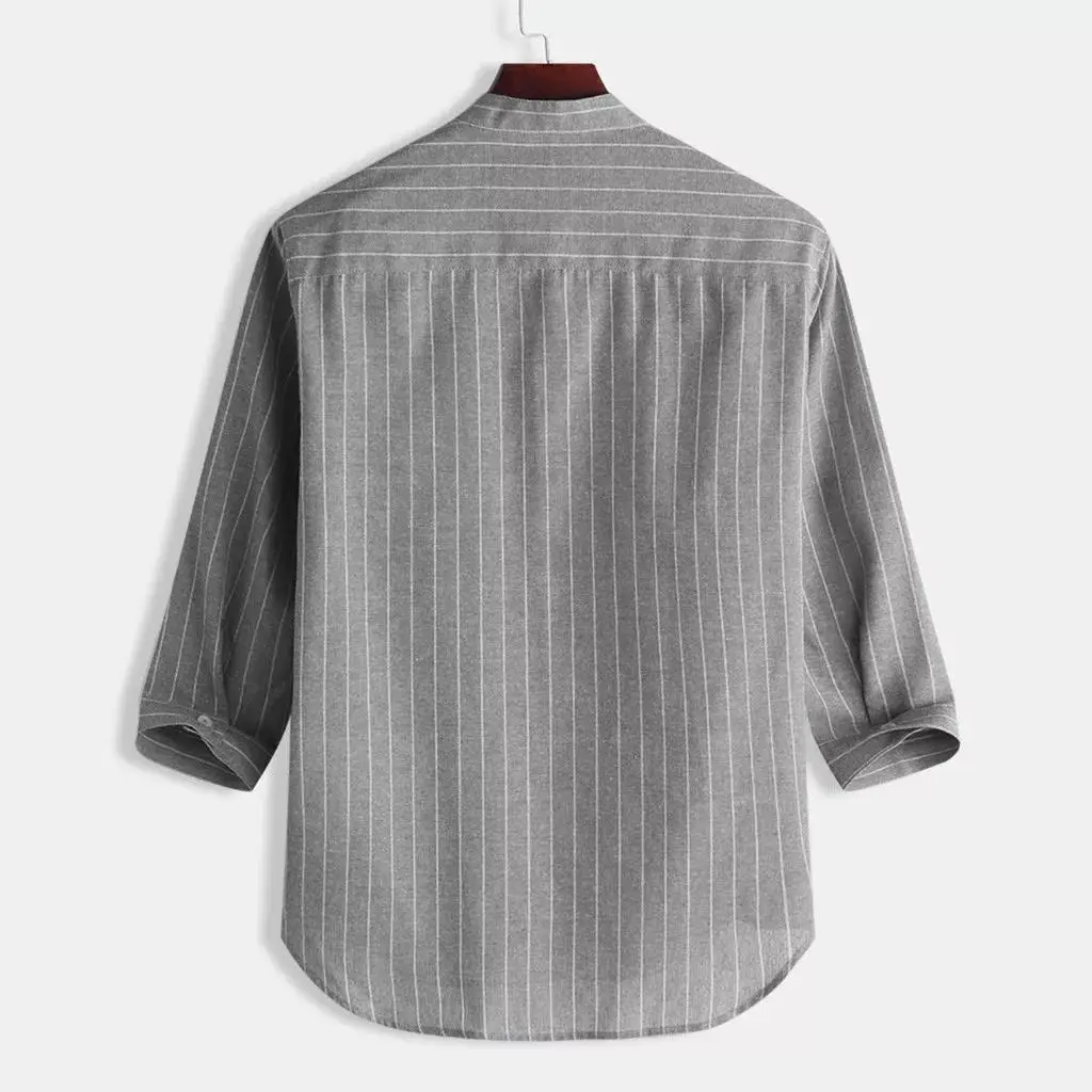 Men Linen Button Collar Shirt Blue Striped Loose Casual — feature 6