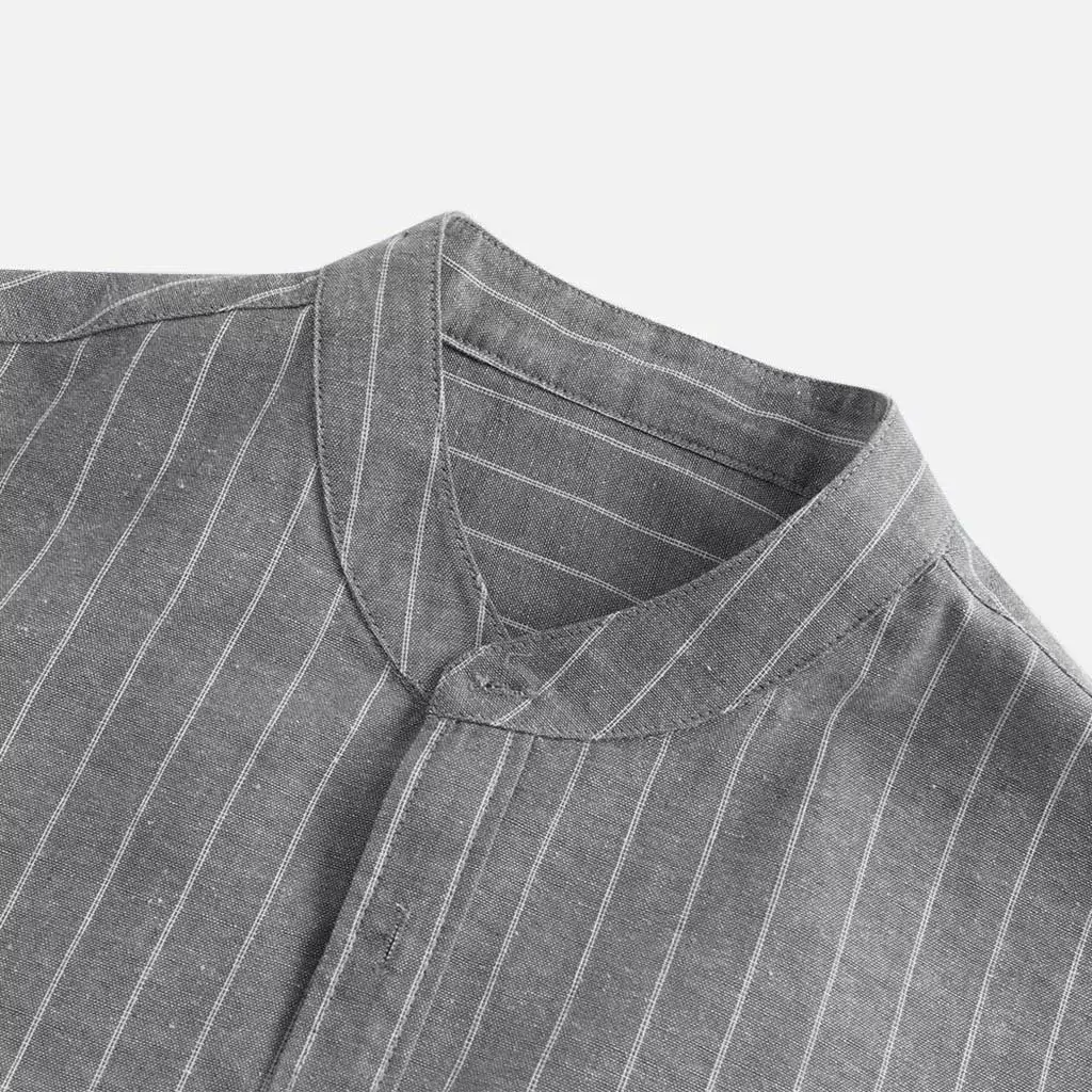 Men Linen Button Collar Shirt Blue Striped Loose Casual — feature 7