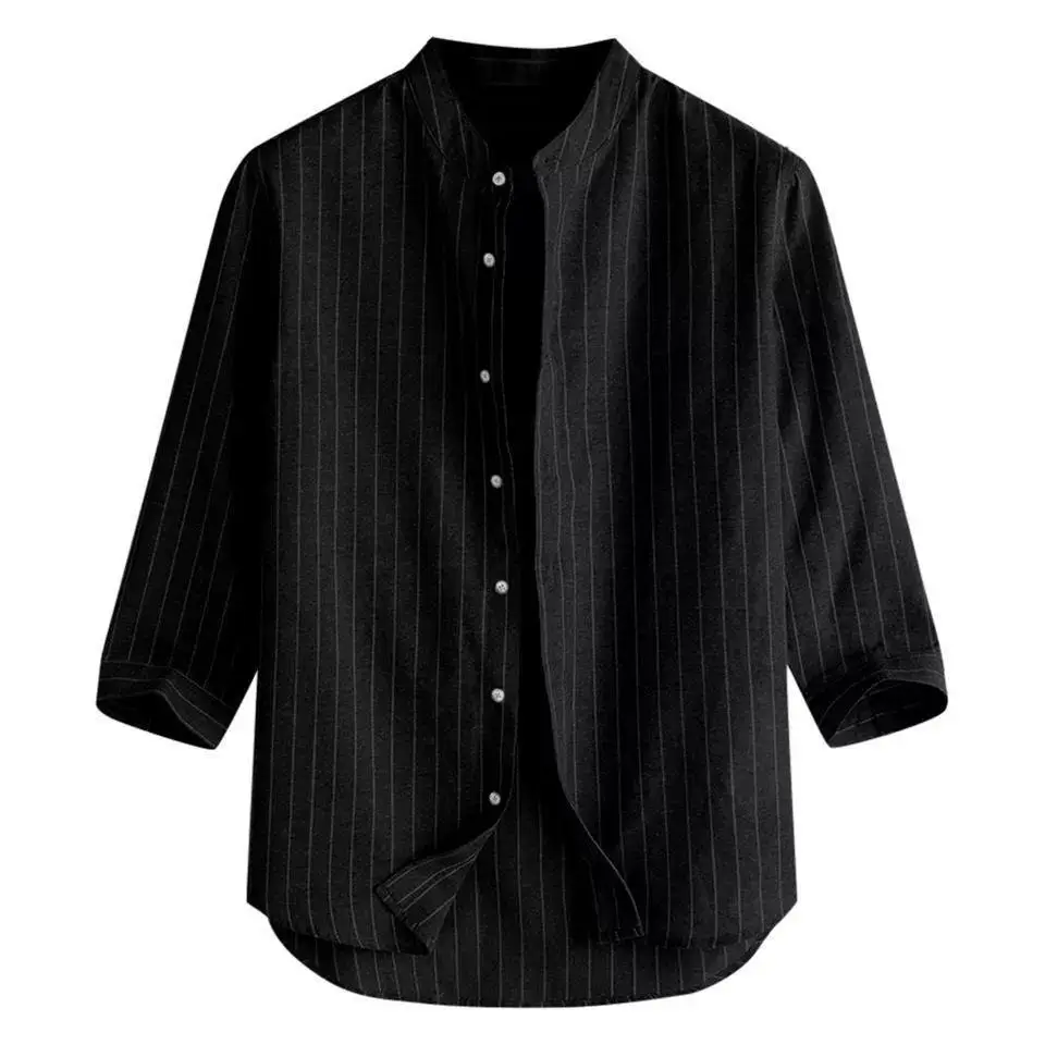 Men Linen Button Collar Shirt Blue Striped Loose Casual - Image 2