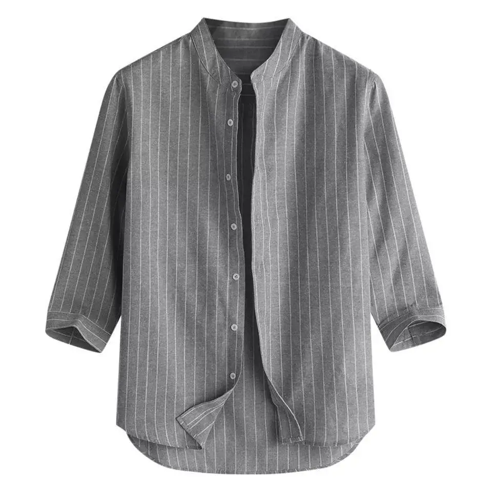Men Linen Button Collar Shirt Blue Striped Loose Casual - Image 4