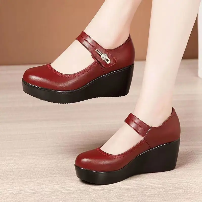 Women Red Platform Mules Wedge Heels 2022 - Image 4