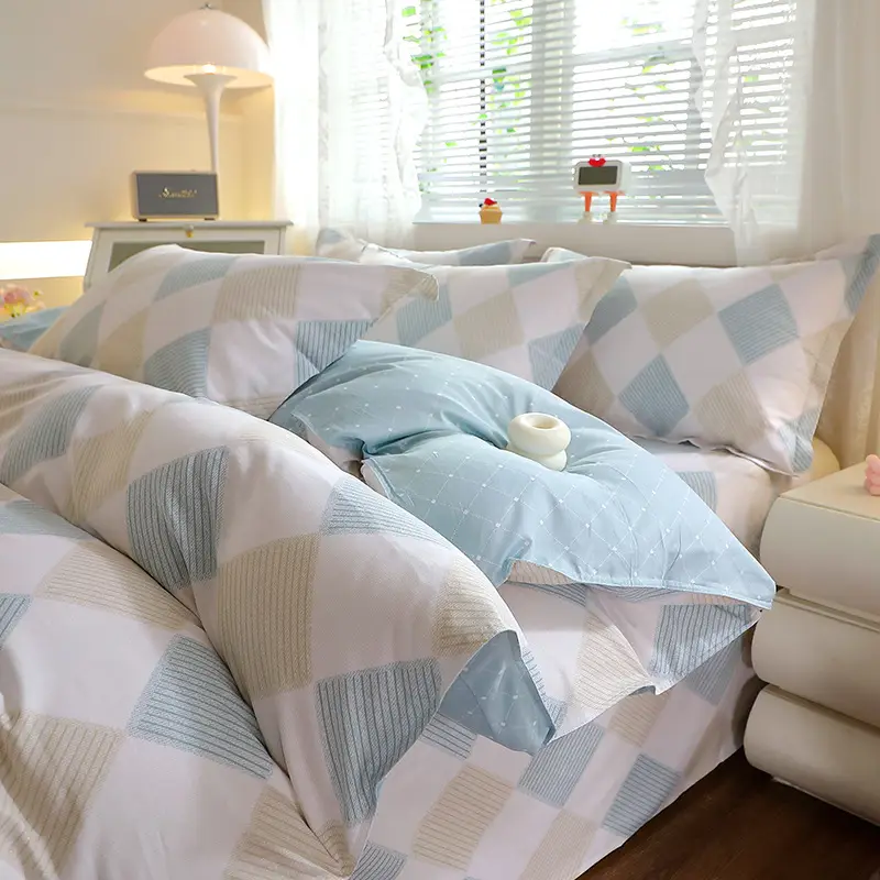 Cotton Quilted Bedding Set Grey Triangle Design