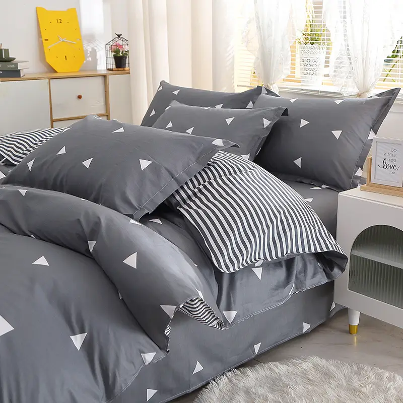 Cotton Quilted Bedding Set Grey Triangle Design