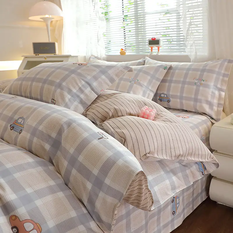 Cotton Quilted Bedding Set Grey Triangle Design
