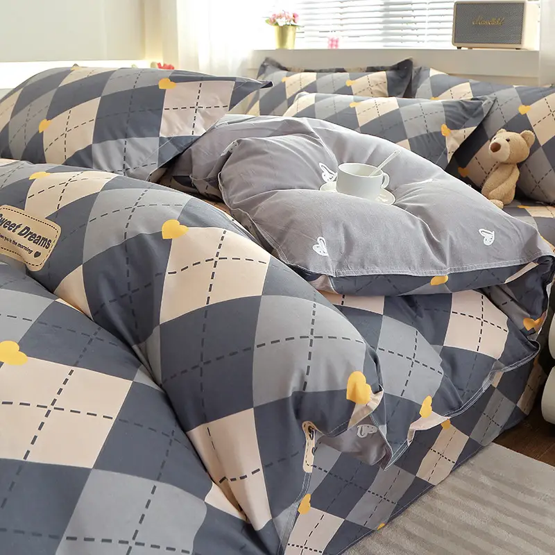 Cotton Quilted Bedding Set Grey Triangle Design