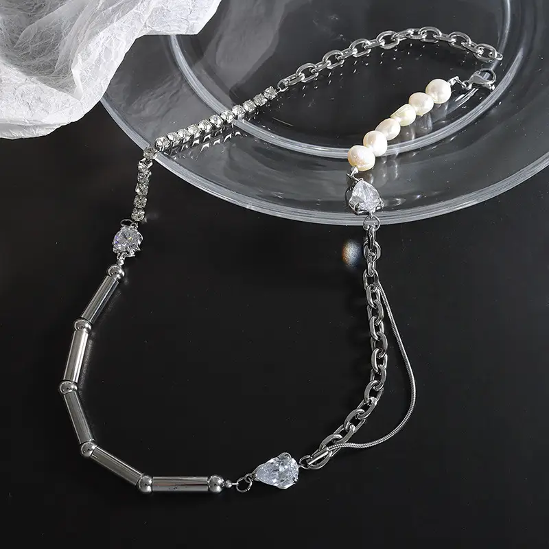 Titanium Steel Necklace & Earrings Set with Freshwater Pearl & Zircon - Image 3