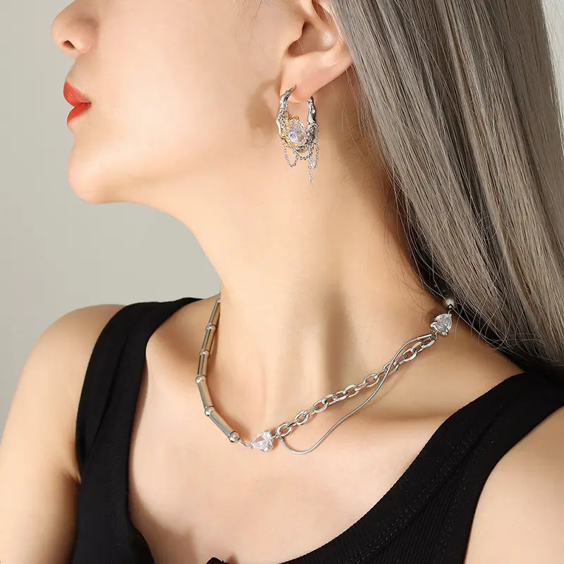 Titanium Steel Necklace & Earrings Set with Freshwater Pearl & Zircon - Image 5